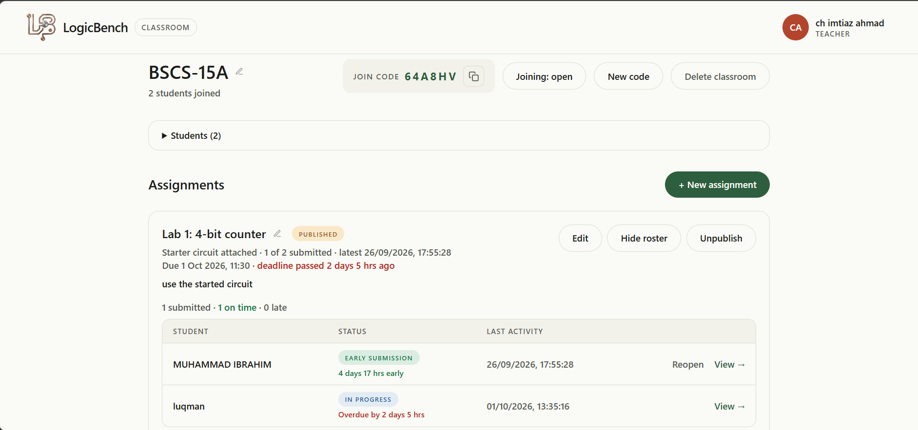 The teacher portal showing an assignment roster with each student's status
